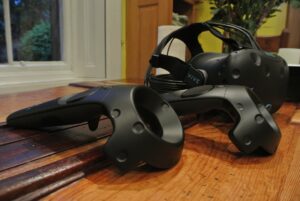 A player using a virtual reality treadmill and headset at home